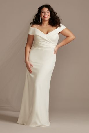 Plus Tall Crepe Off-Shoulder Sheath Wedding Dress | David's Bridal